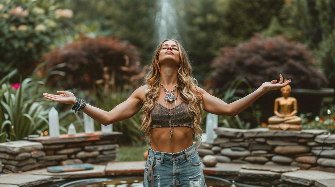 A woman with her arms open to the sky. Set against a background with crystals, a Buddha, and a waterfall.