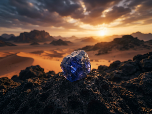 Raw sapphire gemstone in desert sunset highlighting sapphire birthstone meaning and alternative birthstones for Virgo