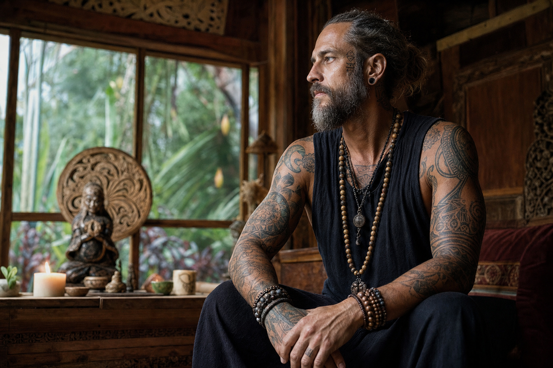 tattooed man wearing beaded bracelets and necklaces