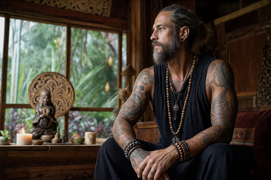 tattooed man wearing beaded bracelets and necklaces