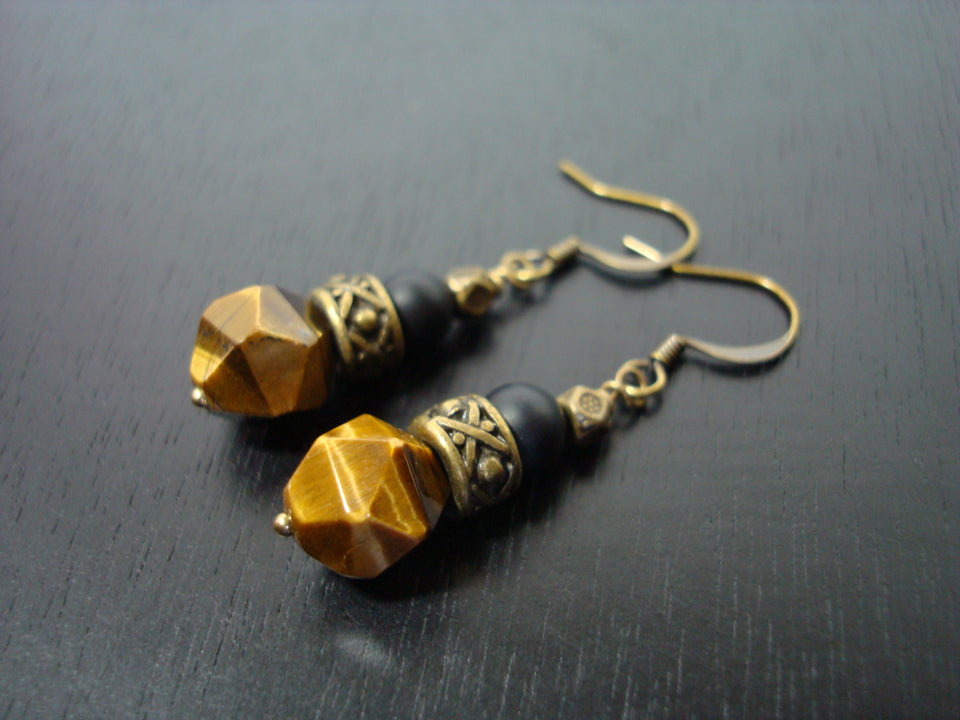 Star Cut Tiger's Eye & Onyx Earrings