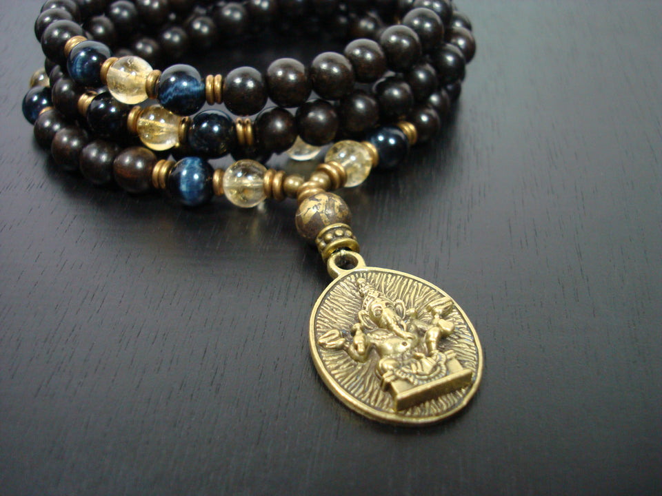 Men's Blue Tiger's Eye Protection & Prosperity Ganesha Mala