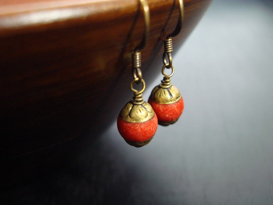 Tiny Tibetan Capped Coral Earrings