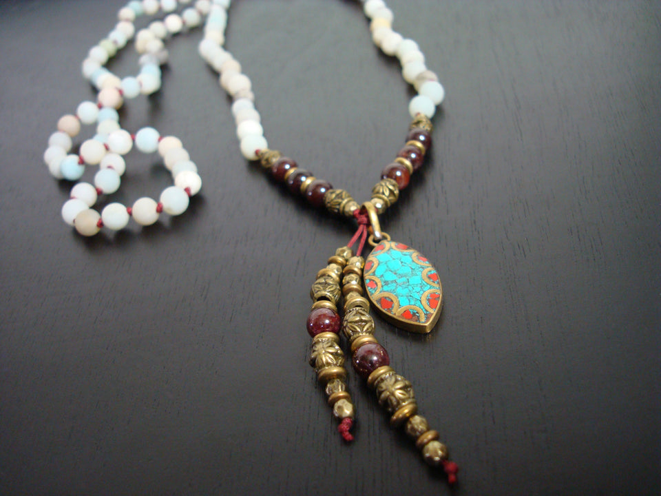 Women's Tibetan Garnet & Amazonite Knotted Mala Necklace