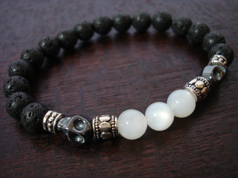 Men's Moonstone Crown Chakra Skull Mala Bracelet