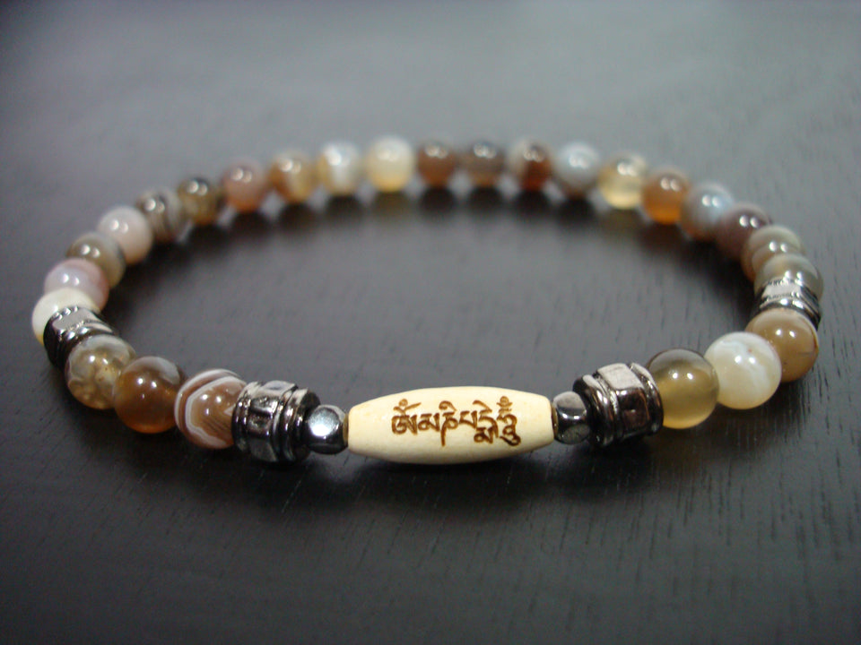 Botswana Agate Lotus Mantra Mala Bracelet