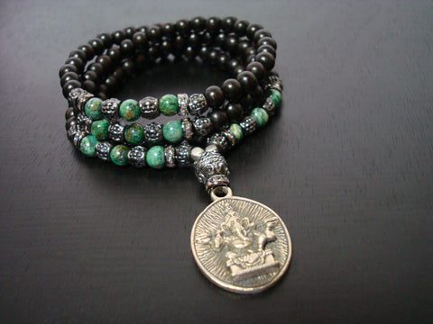 Women's Green Jasper Healing Heart Ganesha Mala