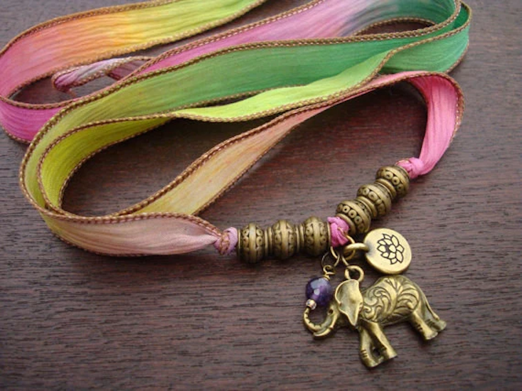 Elephant, Lotus, & Amethyst Silk Wrap Bracelet