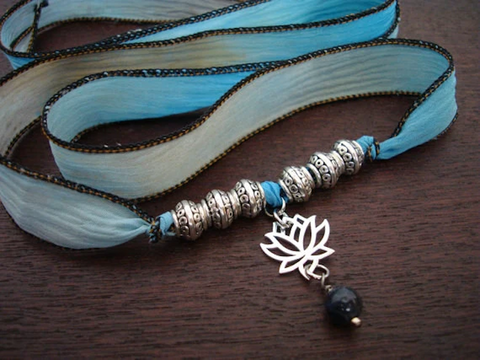 Silver Lotus & Water Sapphire Silk Wrap Bracelet