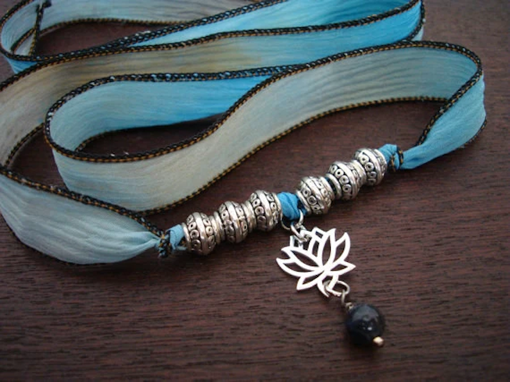 Silver Lotus & Water Sapphire Silk Wrap Bracelet