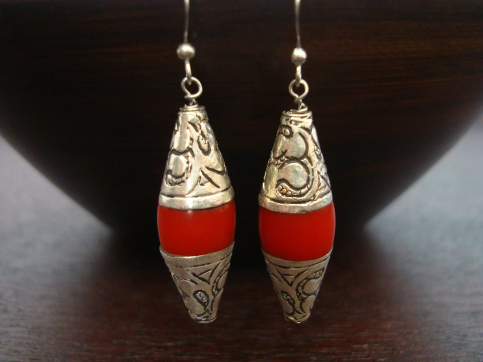 Women's Tibetan Capped Coral Earrings