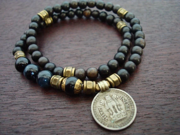 Tibetan Onyx & Blue Tiger's Eye Indian Coin Mala Bracelet