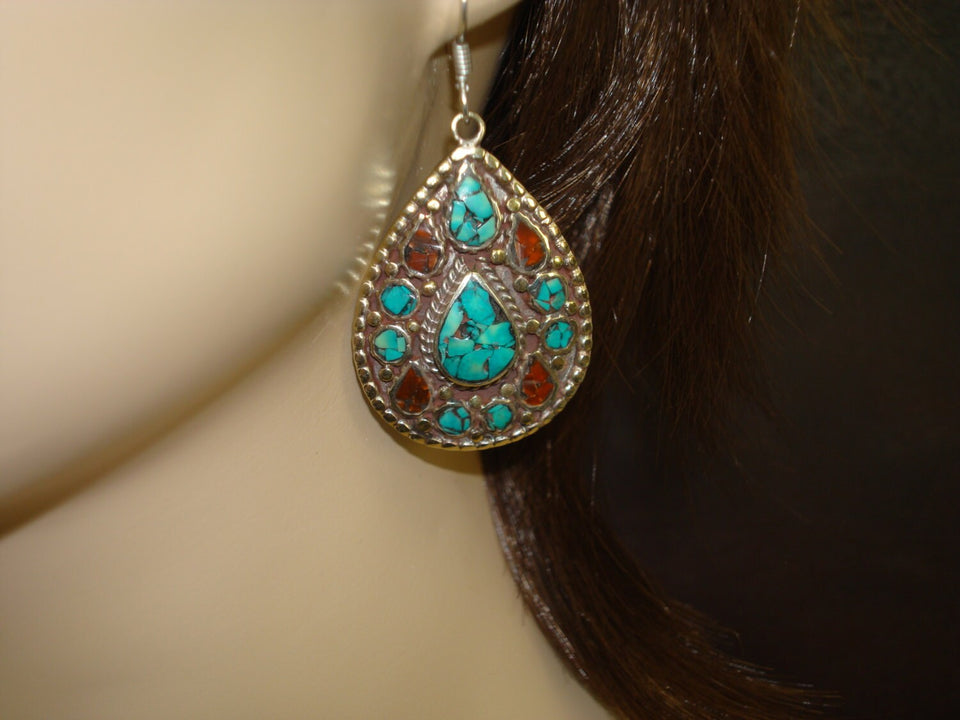 Vintage Tibetan Turquoise & Carnelian Earrings