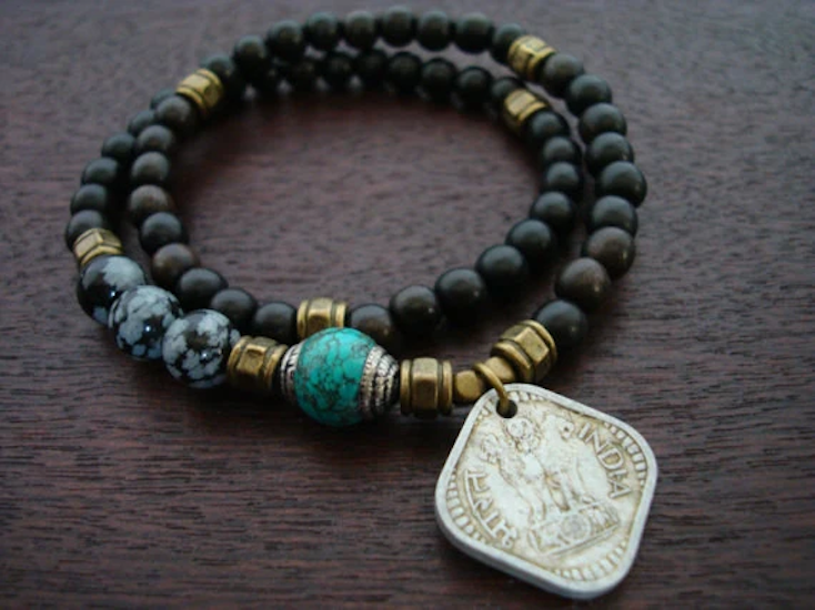 Tibetan Turquoise & Obsidian Indian Coin Mala Bracelet