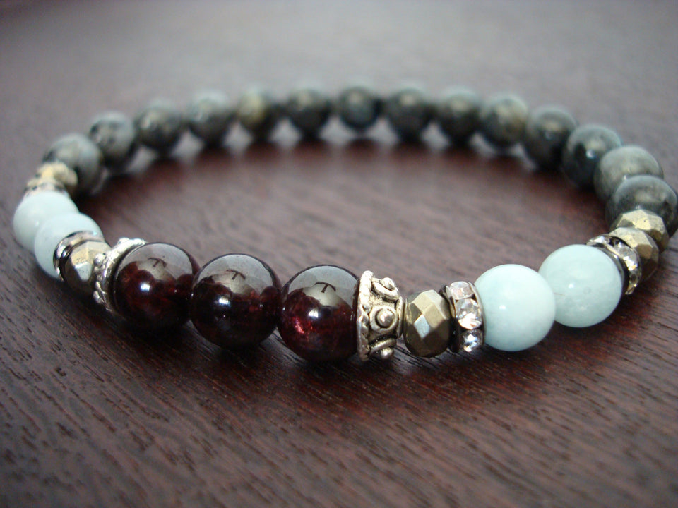 Women's Garnet & Aquamarine Inner Strength Mala Bracelet