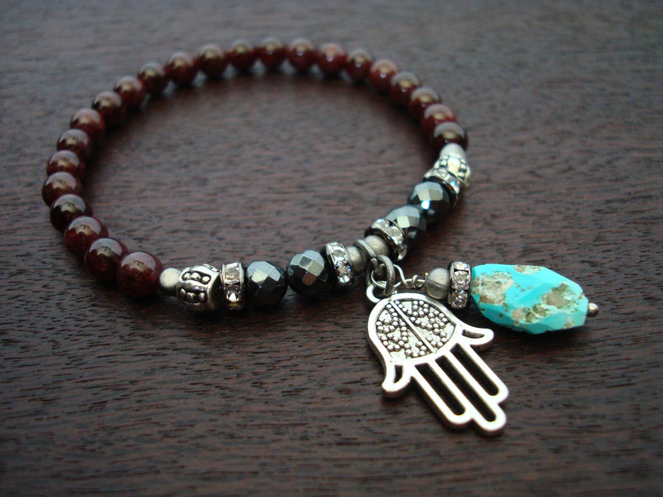 Women's Garnet & Arizona Turquoise Hamsa Mala Bracelet
