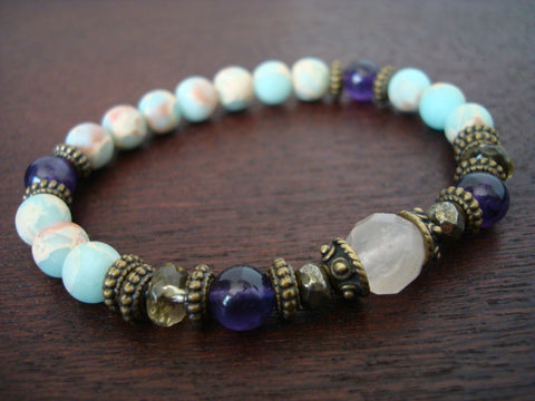 Women's Amethyst & Rose Quartz Stress Relief Mala Bracelet