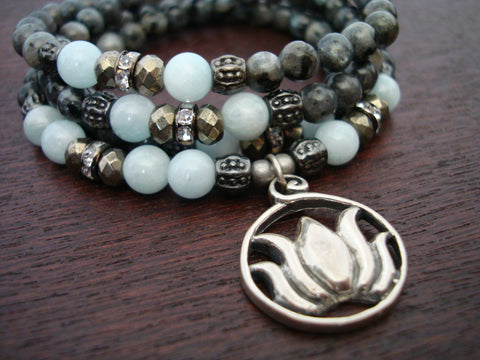 Women's Aquamarine & Black Moonstone Mala