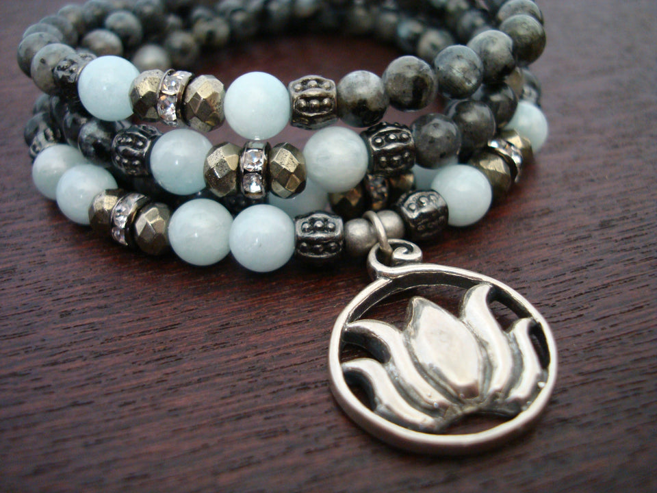 Women's Aquamarine & Black Moonstone Cleansing Lotus Mala