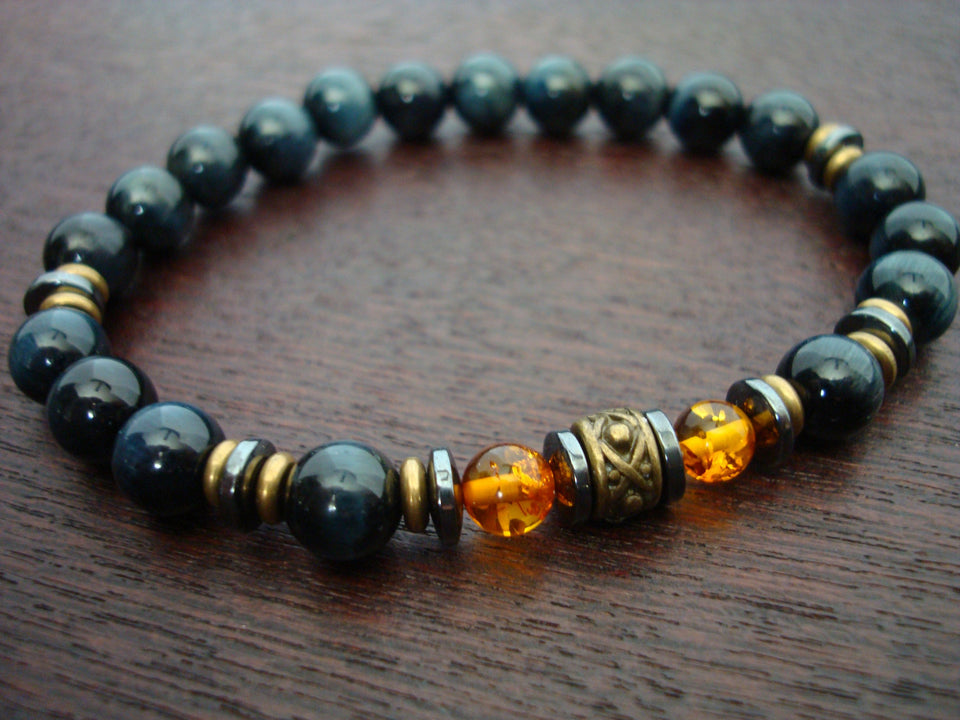 Men's Blue Tiger's Eye & Baltic Amber Mala Bracelet