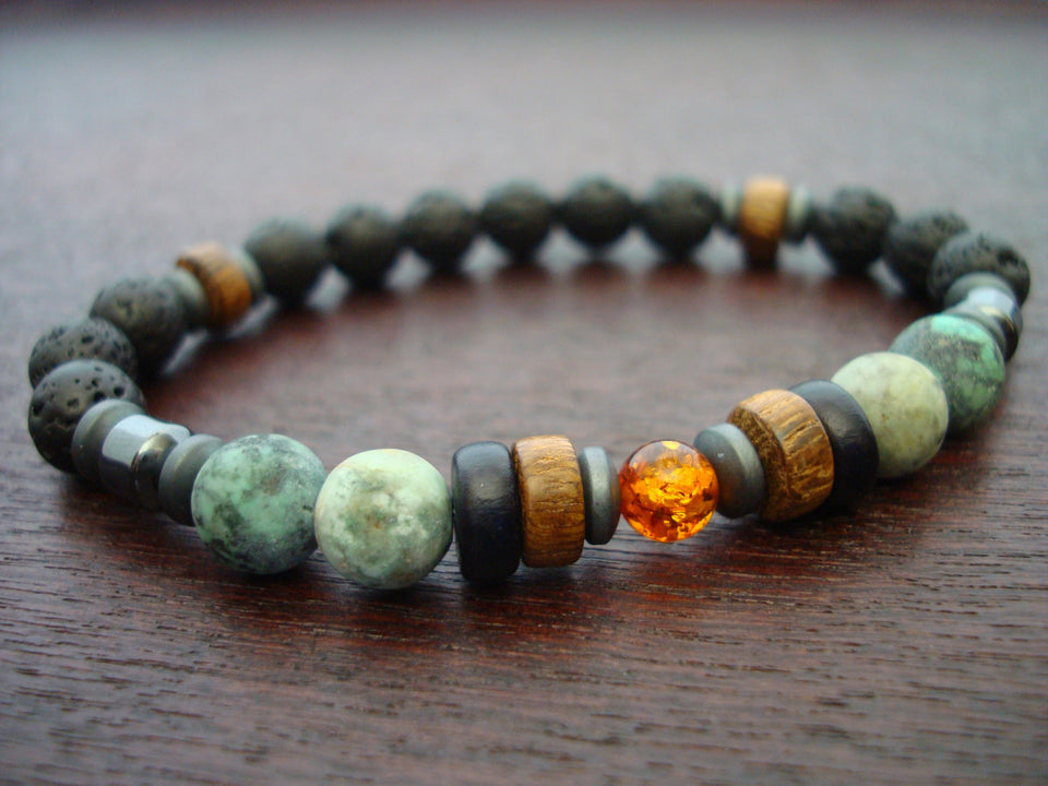 Men's Baltic Amber & African Turquoise Earth Connection Bracelet