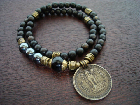 Tibetan Onyx & Hematite Indian Coin Mala Bracelet