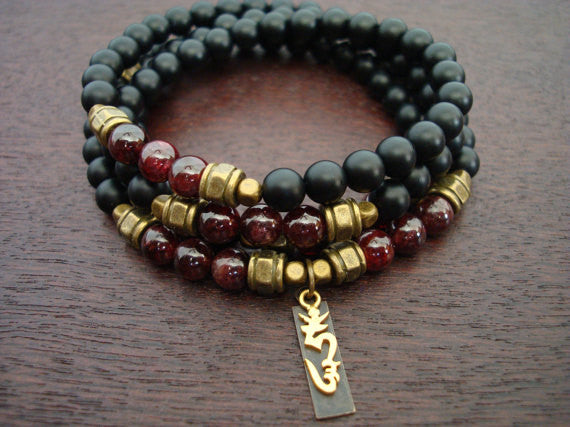Men's Garnet Om Ah Hum Mala