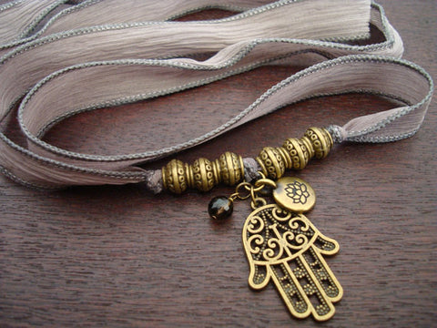 Hamsa, Lotus, & Smoky Quartz Silk Wrap