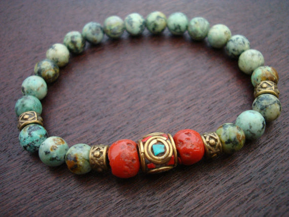 Tibetan African Turquoise & Sherpa Coral Mala Bracelet