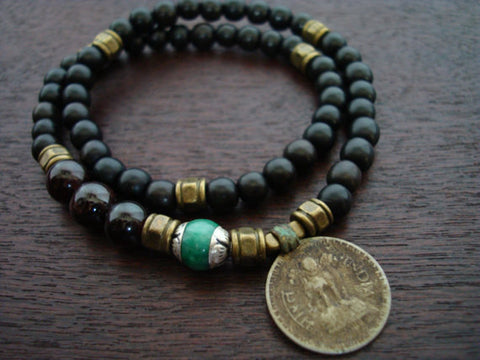 Tibetan Jade & Garnet Indian Coin Mala Bracelet