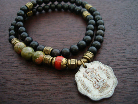 Tibetan Coral Indian Coin Mala Bracelet