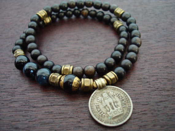 Tibetan Onyx Indian Coin Mala Bracelet