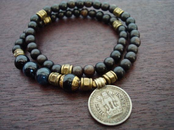 Tibetan Onyx & Blue Tiger's Eye Indian Coin Mala Bracelet