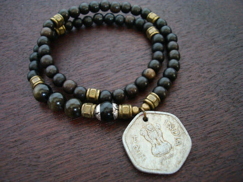 Tibetan Onyx & Obsidian Indian Coin Mala Bracelet