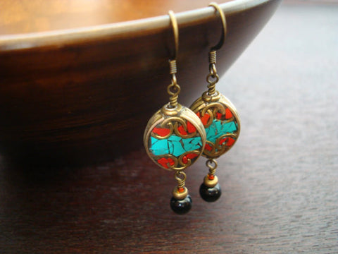 Tibetan Turquoise & Onyx Earrings