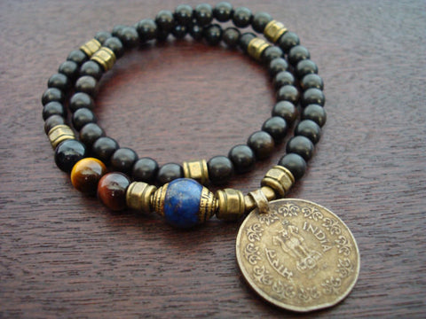 Tibetan Lapis & Tiger's Eye Indian Coin Mala Bracelet