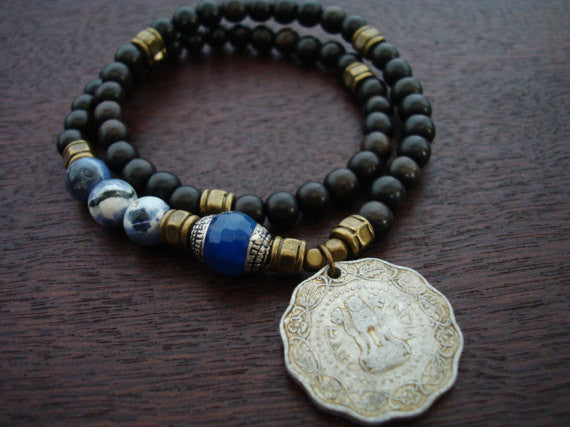 Tibetan Blue Jade Indian Coin Mala Bracelet