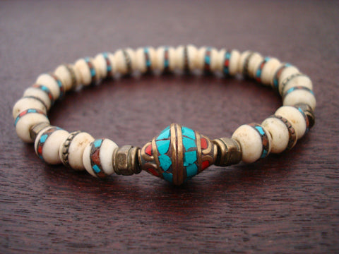 Tibetan Turquoise & Tantric Bone Mala Bracelet