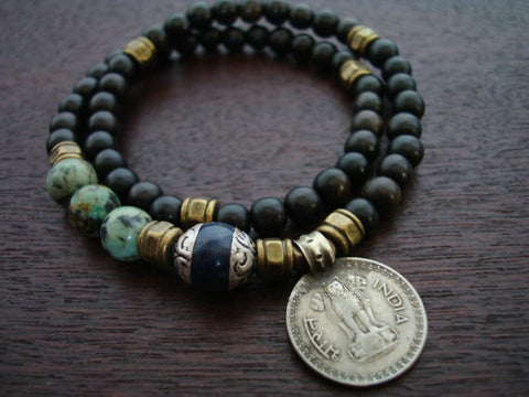 Tibetan Lapis & African Turquoise Indian Coin Mala Bracelet