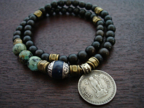 Tibetan Lapis Indian Coin Mala Bracelet