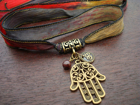 Hamsa, Om, & Garnet Silk Wrap Bracelet