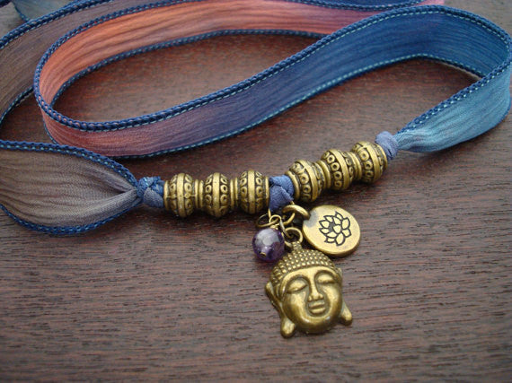 Buddha, Lotus, & Amethyst Silk Wrap Bracelet