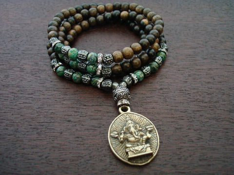 Women's Green Jasper Healing Heart Ganesha Mala
