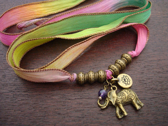 Elephant, Lotus, & Amethyst Silk Wrap Bracelet