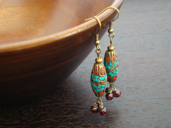 Tibetan Turquoise & Garnet Earrings