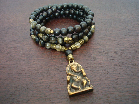 Men's Obsidian Good Fortune Ganesha Mala