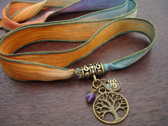 Tree of Life, Om, & Amethyst Silk Wrap Bracelet
