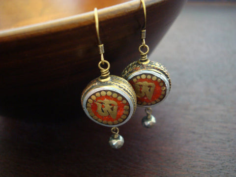 Tibetan Coral Om & Pyrite Earrings