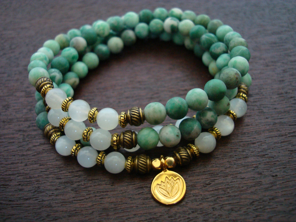 Green Moonstone & Mother of Pearl Moon Skinny Stacker Gemstone Bracelet,  Prosperity and Attraction Bracelet(6mm beads)