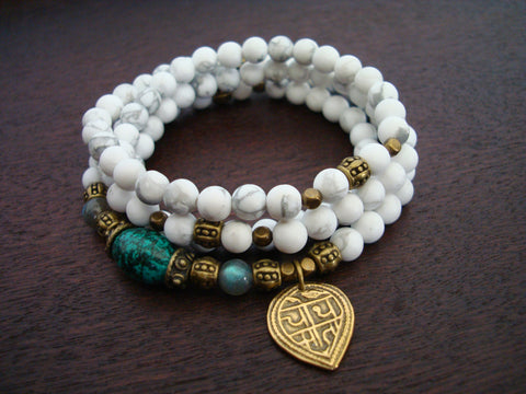 Women's White Turquoise Howlite Good Health Mantra Mala